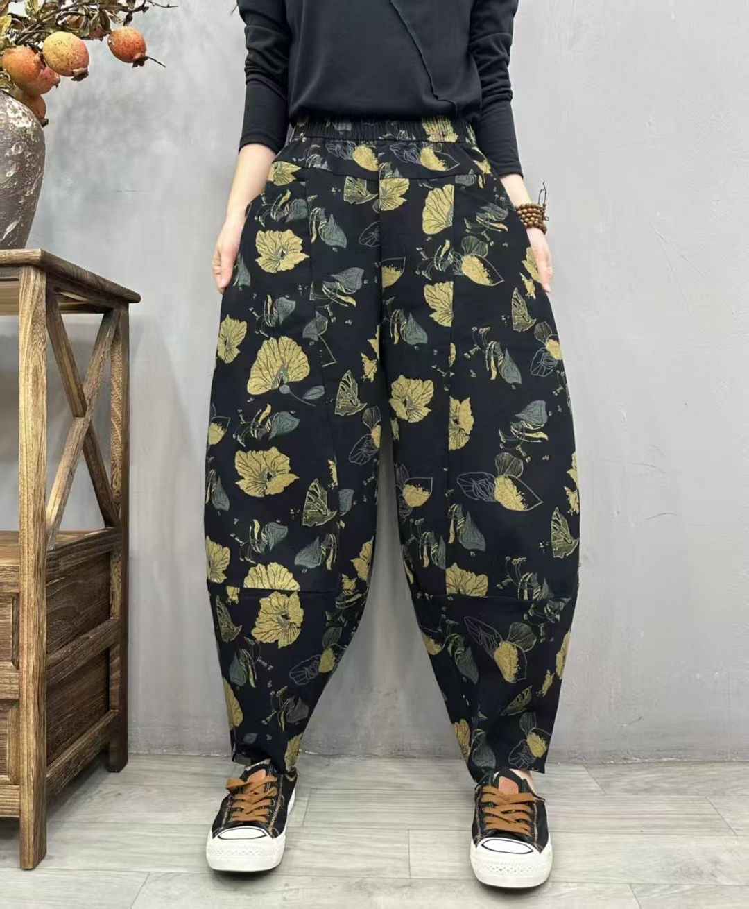 2025秋装新款棉麻印花宽松洋气显瘦休闲百搭哈伦裤女