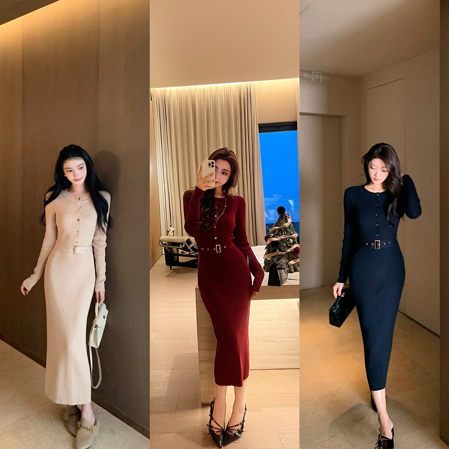 “女神裙”羊绒醋酸羊毛修身腰带针织裙 食物链的顶端是姐姐!