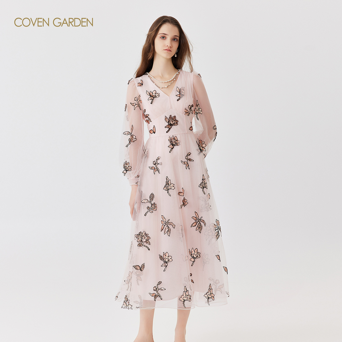 【达人专属】哥文花园贵气刺绣网纱连衣裙年会礼裙CLA1081020