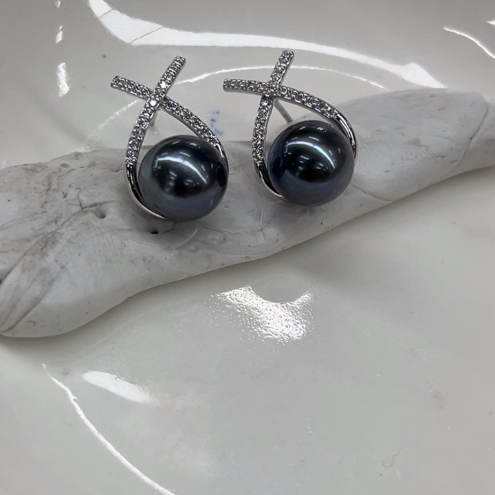 银S925镶嵌耳饰海水珍珠8-9