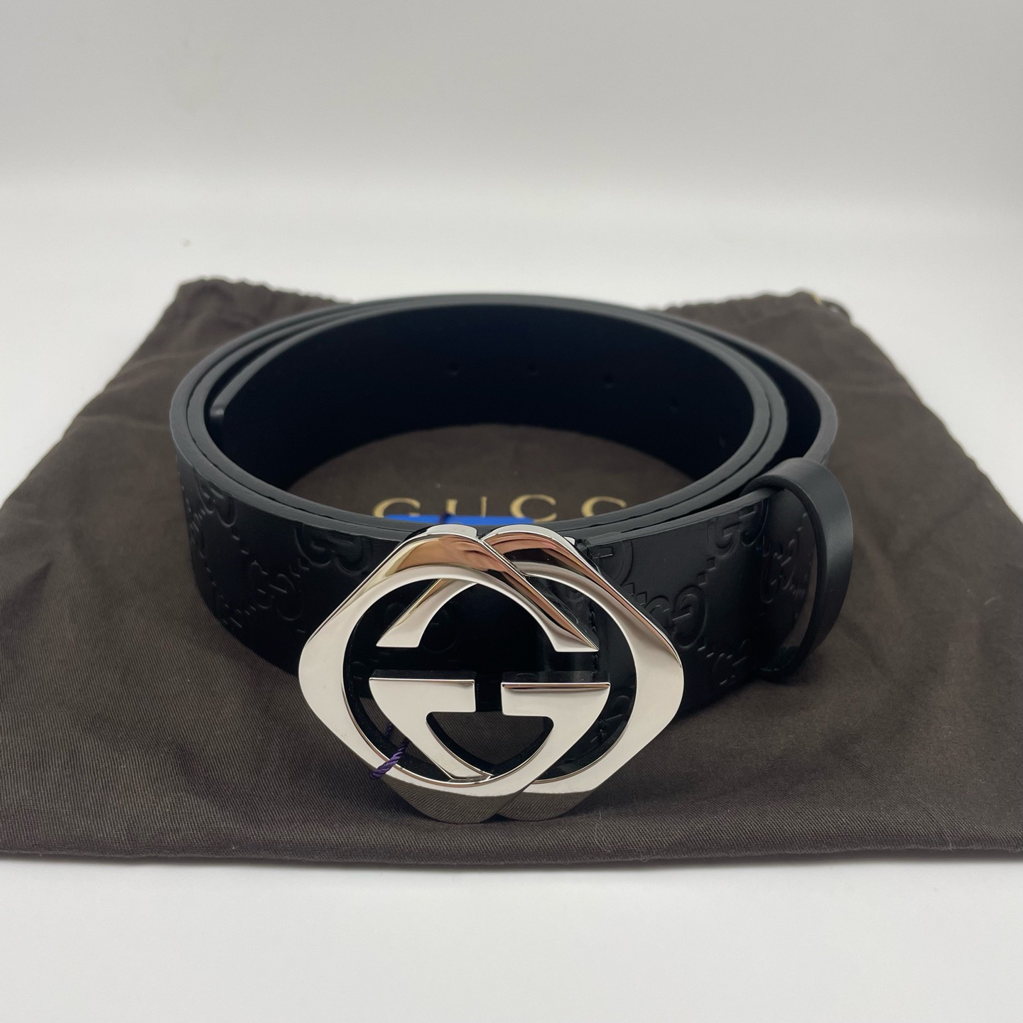 99新 GUCCI/古驰 110码方扣压纹单面腰带15112587