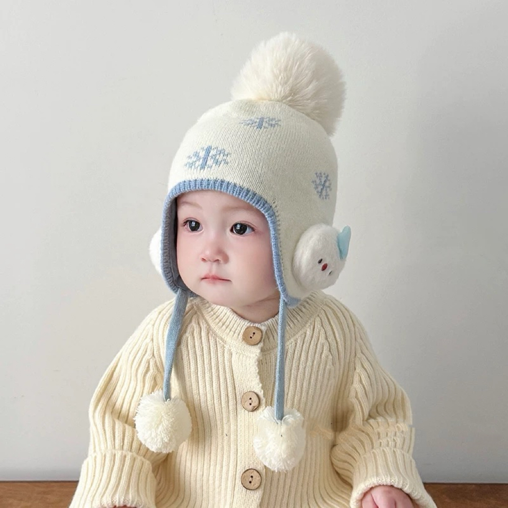 冬圆顶短檐婴幼儿休闲风无檐宝宝帽子卡通风护耳帽