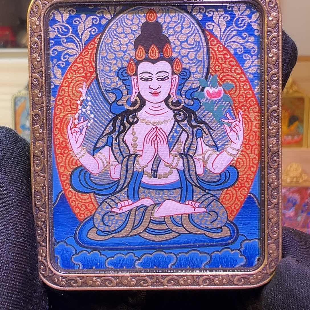 吊坠热贡唐卡纯手绘四臂观观