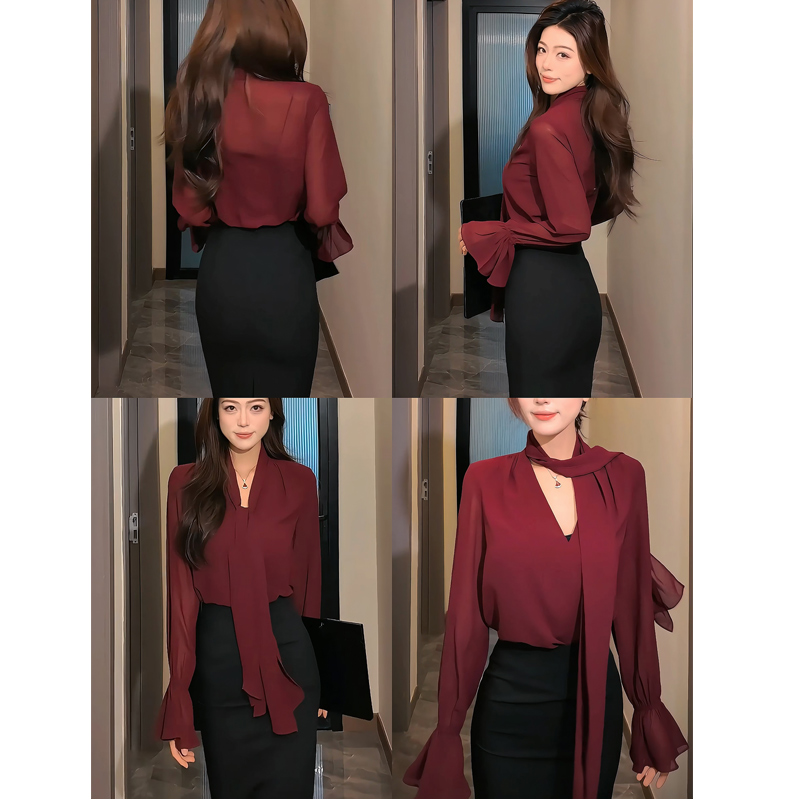 2025秋季新款飘带雪纺衬衫长袖洋气独特漂亮小衫