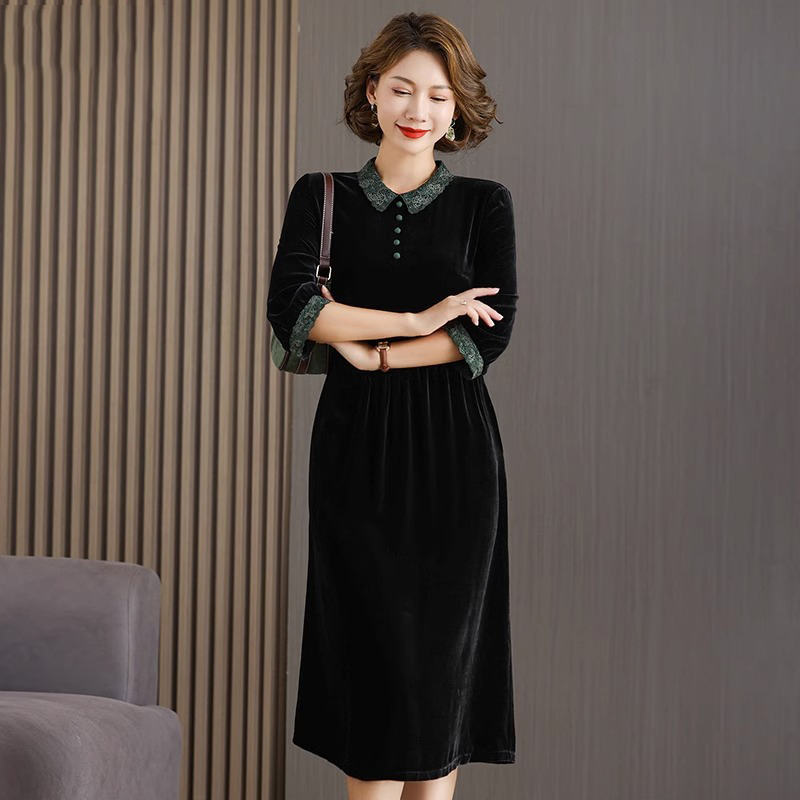 丝绒喜宴妈妈装礼服桑蚕丝真丝连衣裙妈妈2025新款秋季大码正品