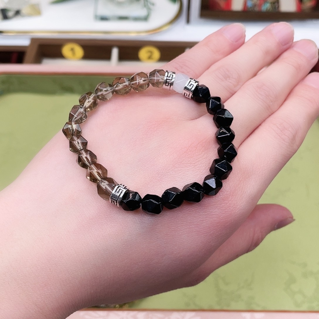 水晶手链未镶嵌茶晶拼黑曜石