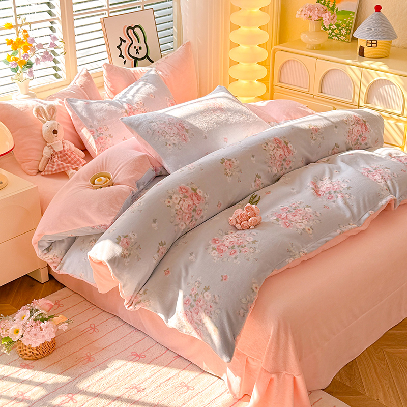 冬季加厚牛奶绒四件套双面保暖珊瑚绒床单被套床笠床上用品三件套