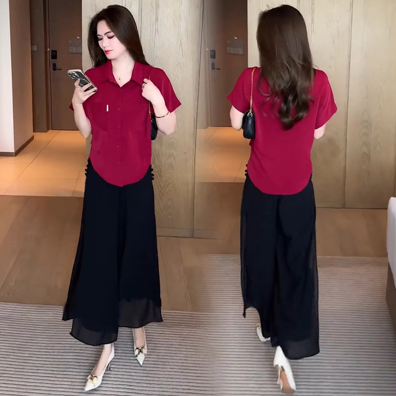 时尚洋气短袖衬衫套装女夏季新款宽松遮肚子显瘦冰丝衬衣百搭上衣