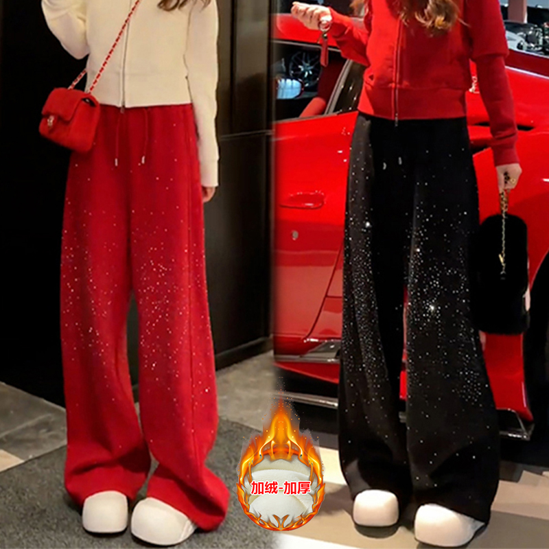 韩版烫钻加绒加厚休闲长裤女冬季新款新年氛围感松紧腰保暖阔腿裤