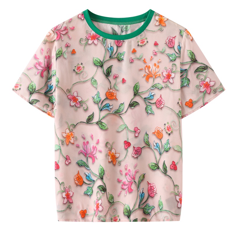 羊范春暖花开~薄款圆领100桑蚕丝短袖女碎花印花宽松显瘦凉爽上衣