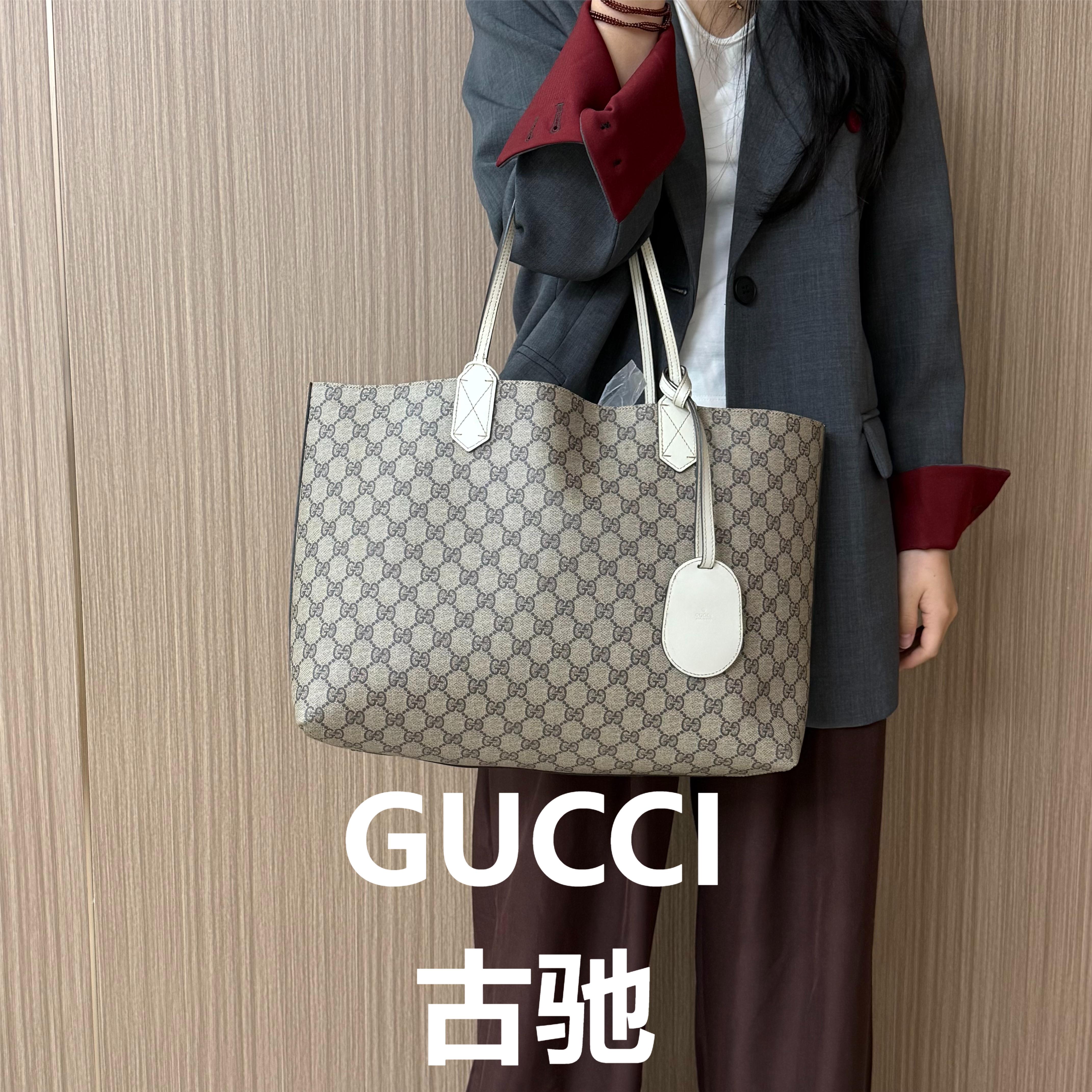 99新 GUCCI/古驰 帆布拼白皮托特手提包/甜甜精选/H22619