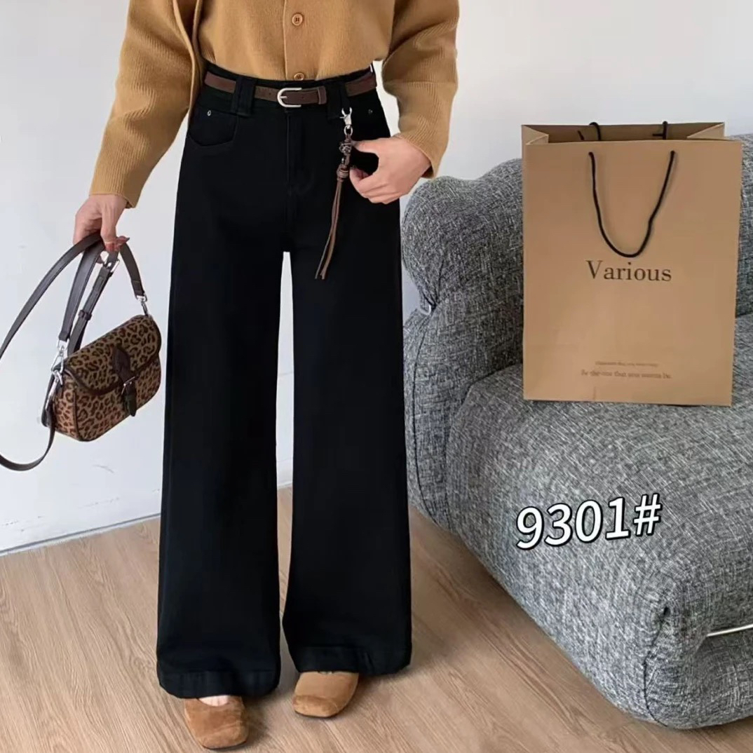 9301秋冬加绒加厚高腰直筒牛仔裤显瘦百搭不贴腿