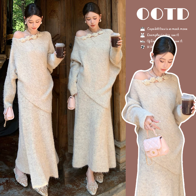 2025新款时尚秋冬孕妇装花朵设计感精致软糯毛衣韩版显瘦半裙套装