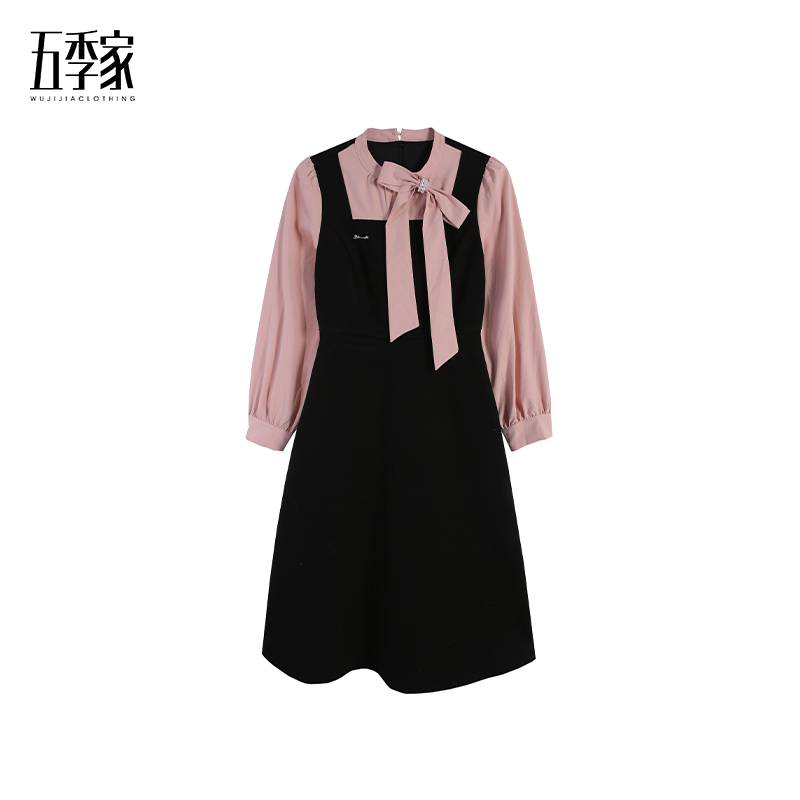 【五季家大码】秋冬气质甜美显瘦黑拼粉连衣裙ZL115173
