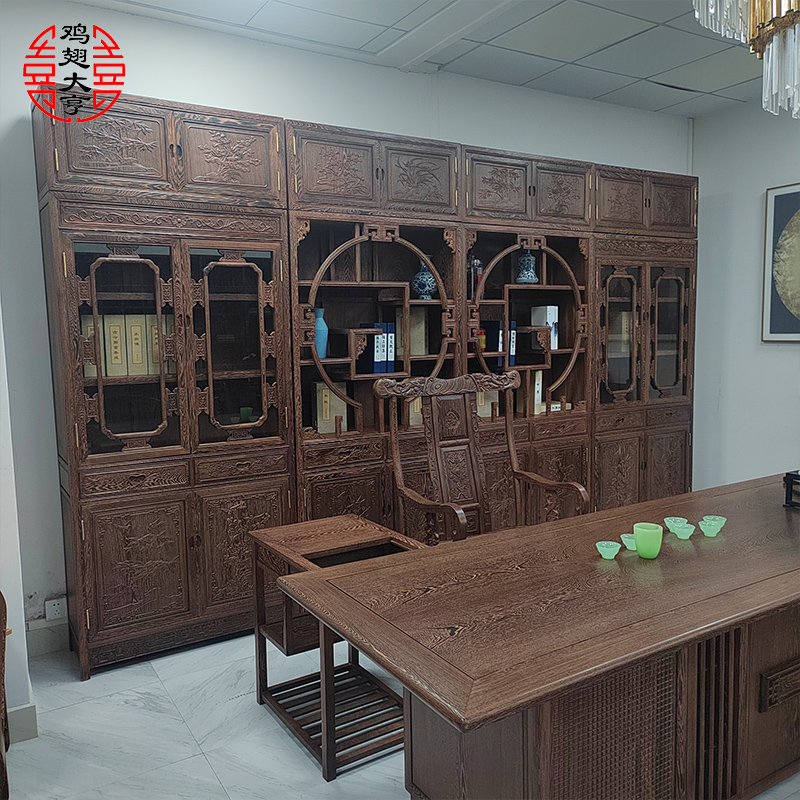 红木鸡翅木加顶书柜四组合明清仿古加鼎柜雕花书橱中式顶箱书柜