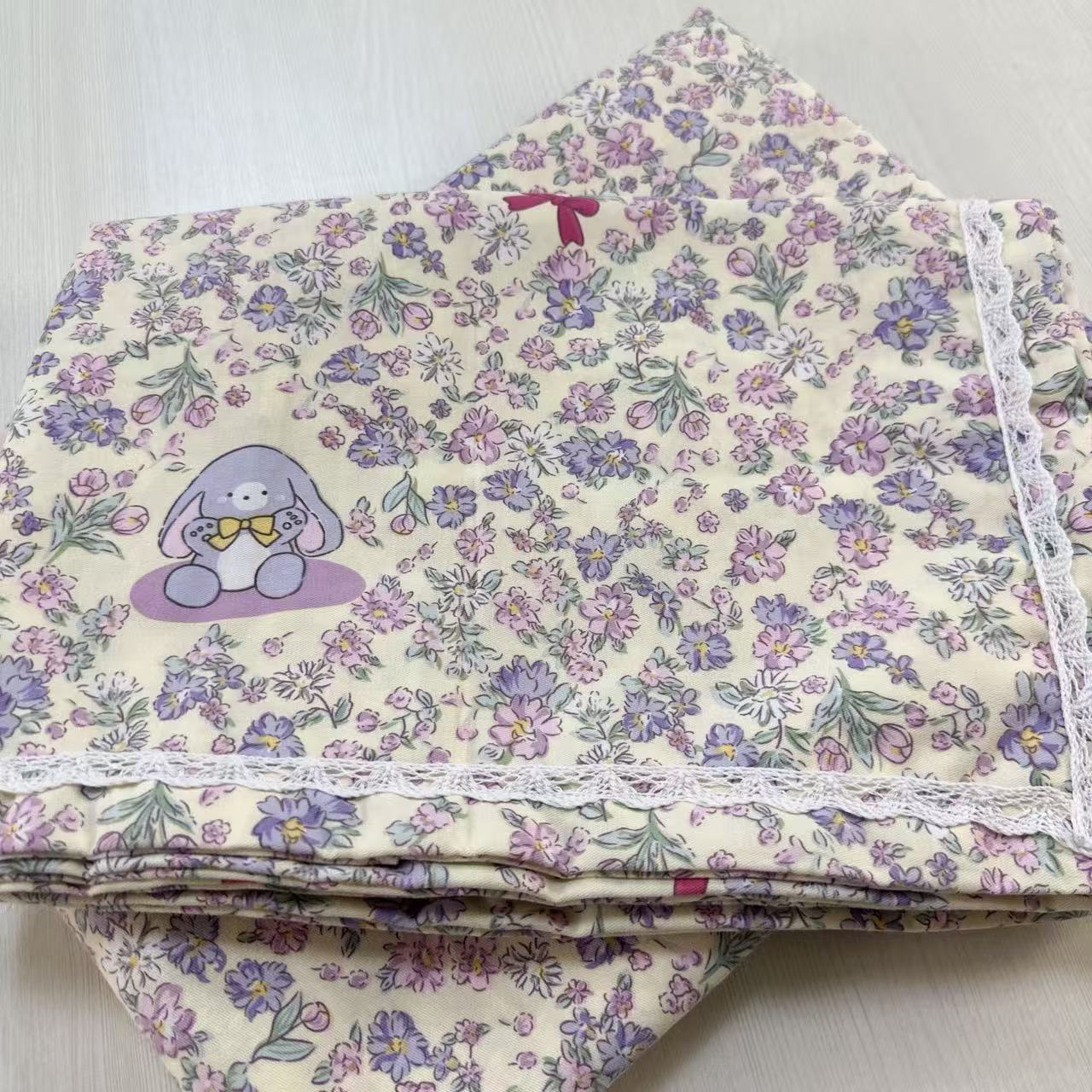 （紫郁紫兔-三件套）小清新碎花卡通床单枕套三件套