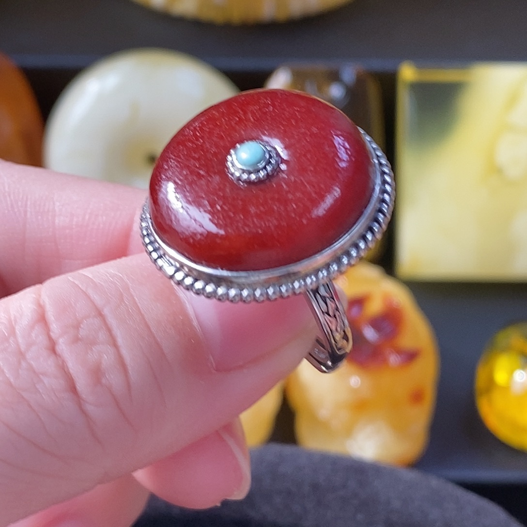 琥珀银S925镶嵌戒指003