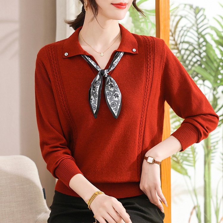 妈妈秋装新款长袖针织衫中老年女洋气减龄上衣翻领丝巾宽松打底衫
