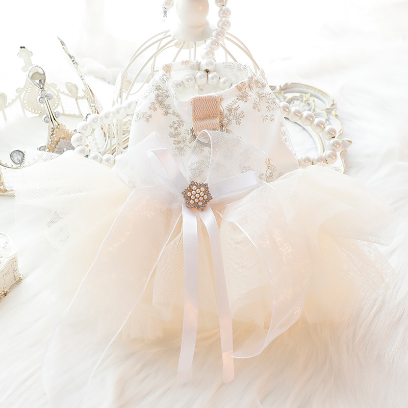 小狗衣服春夏装公主小型犬薄款猫咪婚纱蓬蓬裙星光纱米白色可牵引