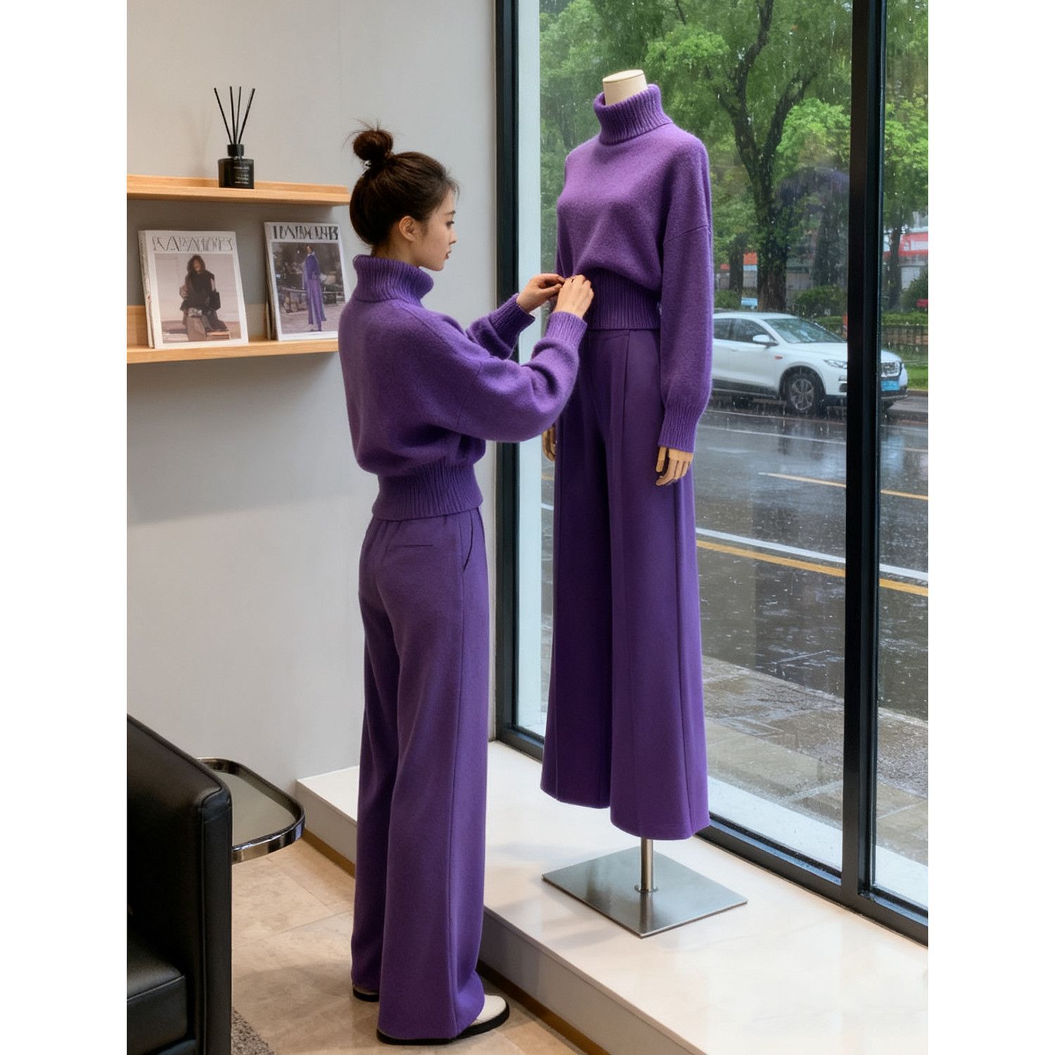休闲套装女2025新款冬季韩系时尚慵懒风紫色高领毛衣阔腿裤两件套