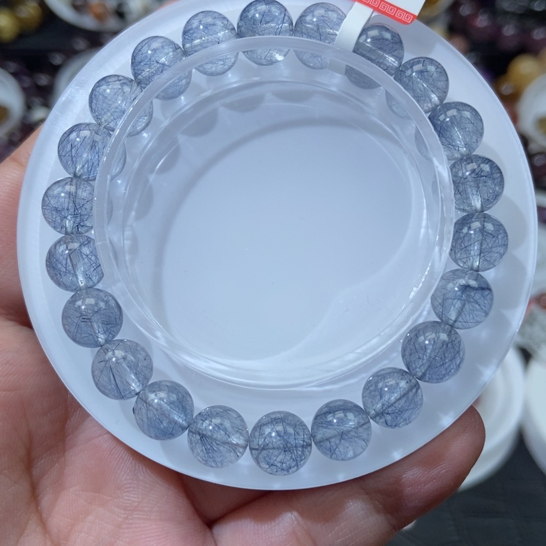 蓝钢丝兔毛手链8.6mm左右未镶嵌水晶