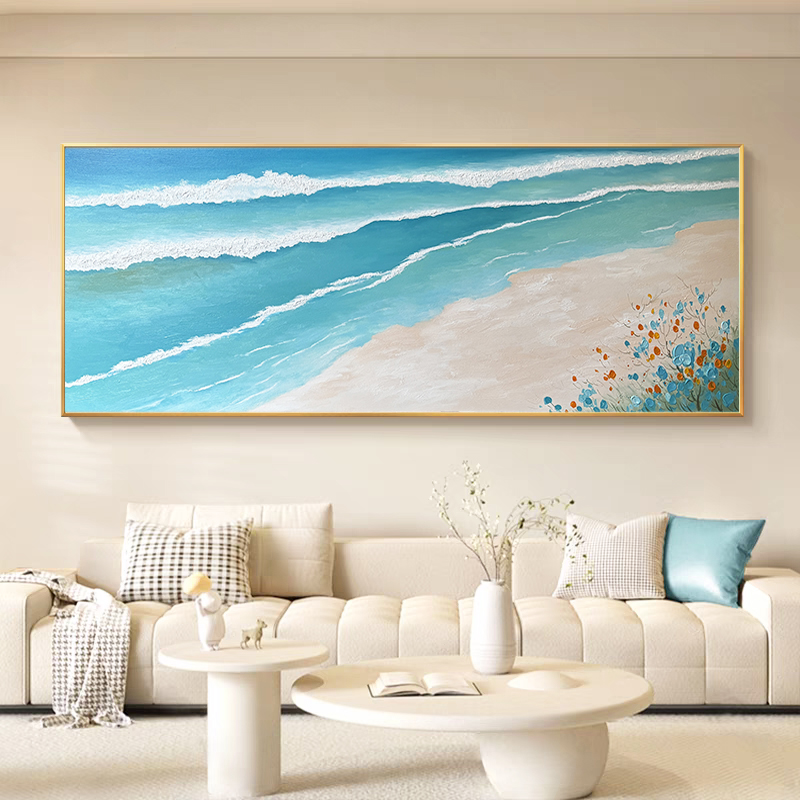 手绘油画《浪漫海滩》 横版蓝色海滩沙发背景墙卧室床头现代装饰画