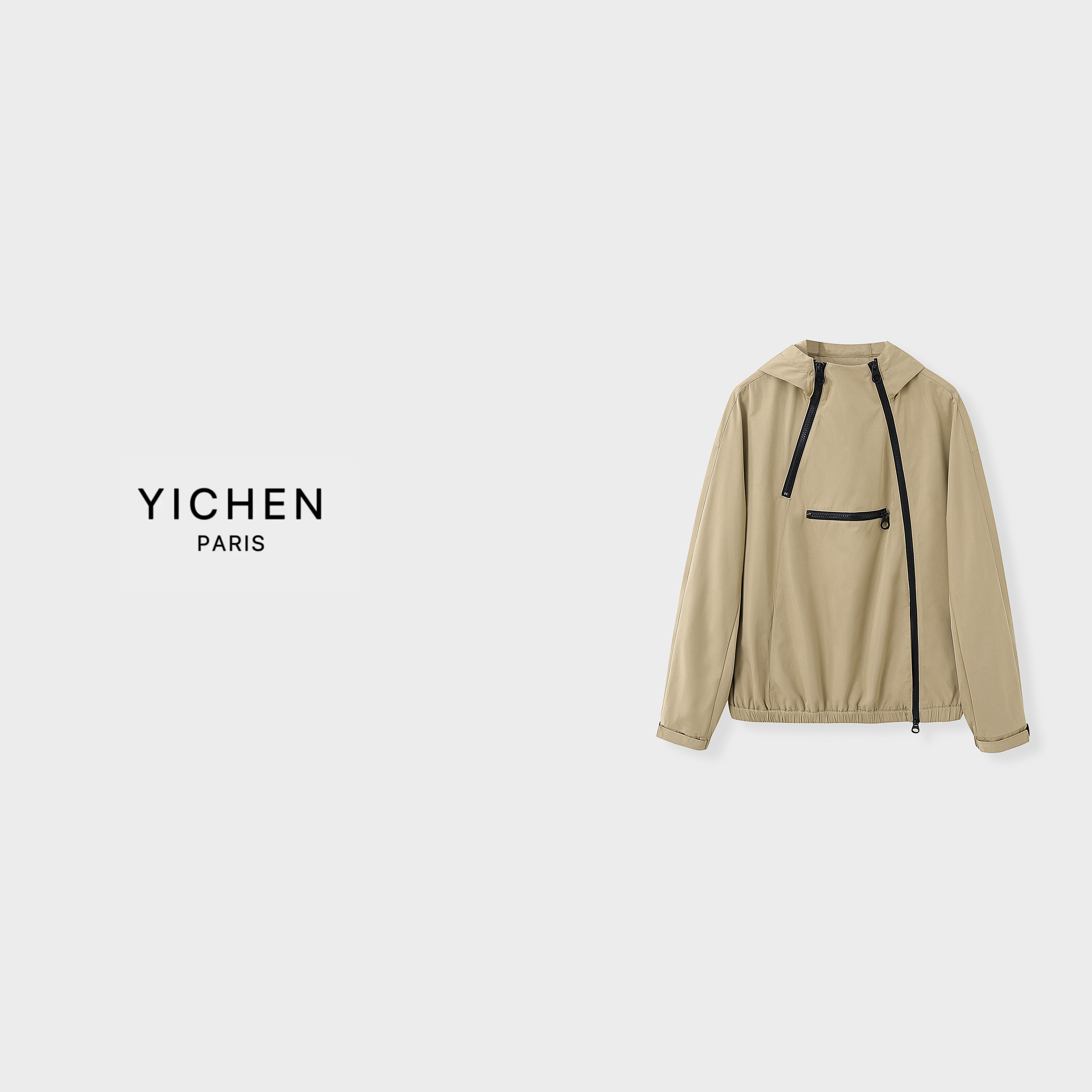 YC 奶茶色户外系列斜拉链宽松休闲连帽外套-1851