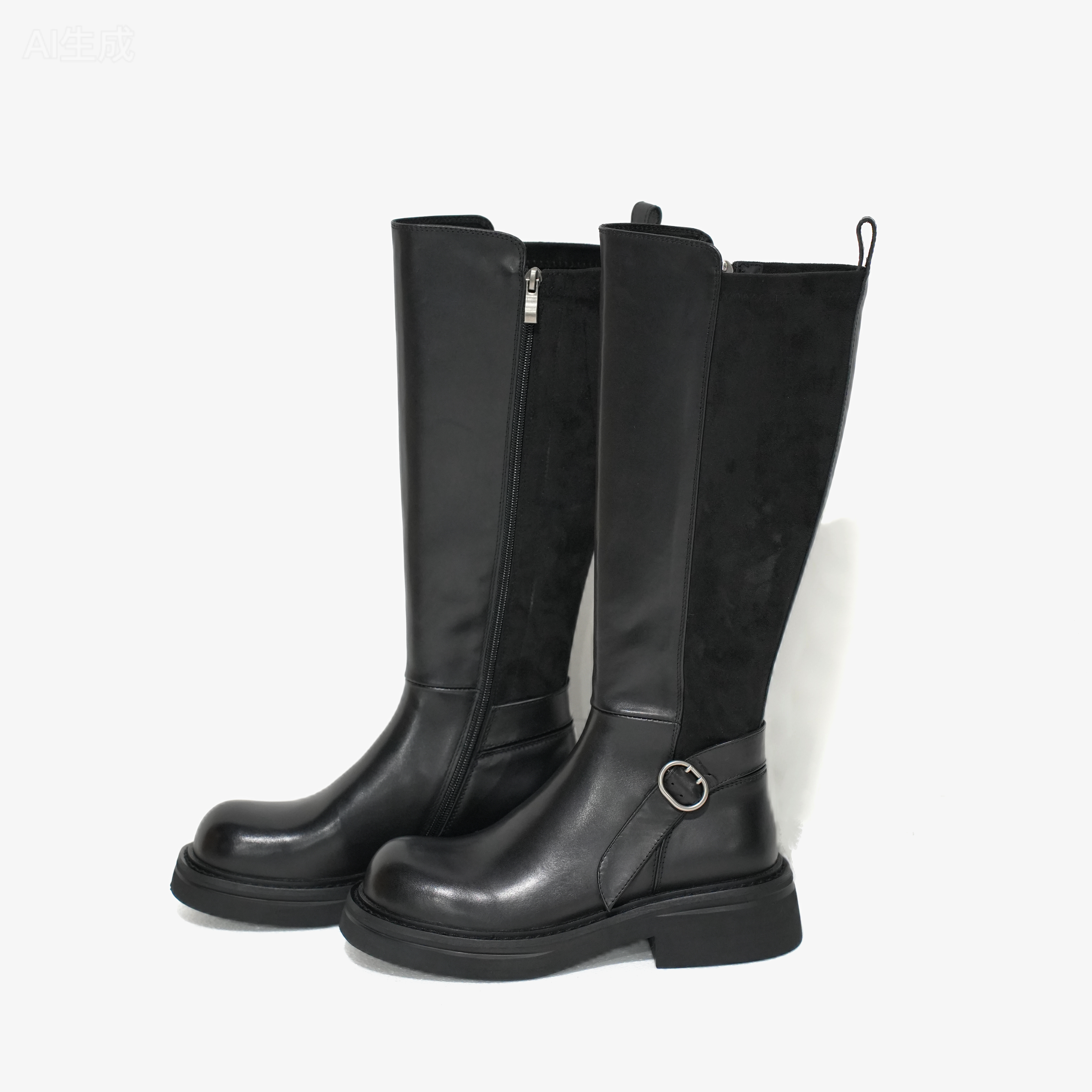 5 PENNIES YD设计师款秋冬季百搭休闲厚底黑色牛皮高筒靴52511232