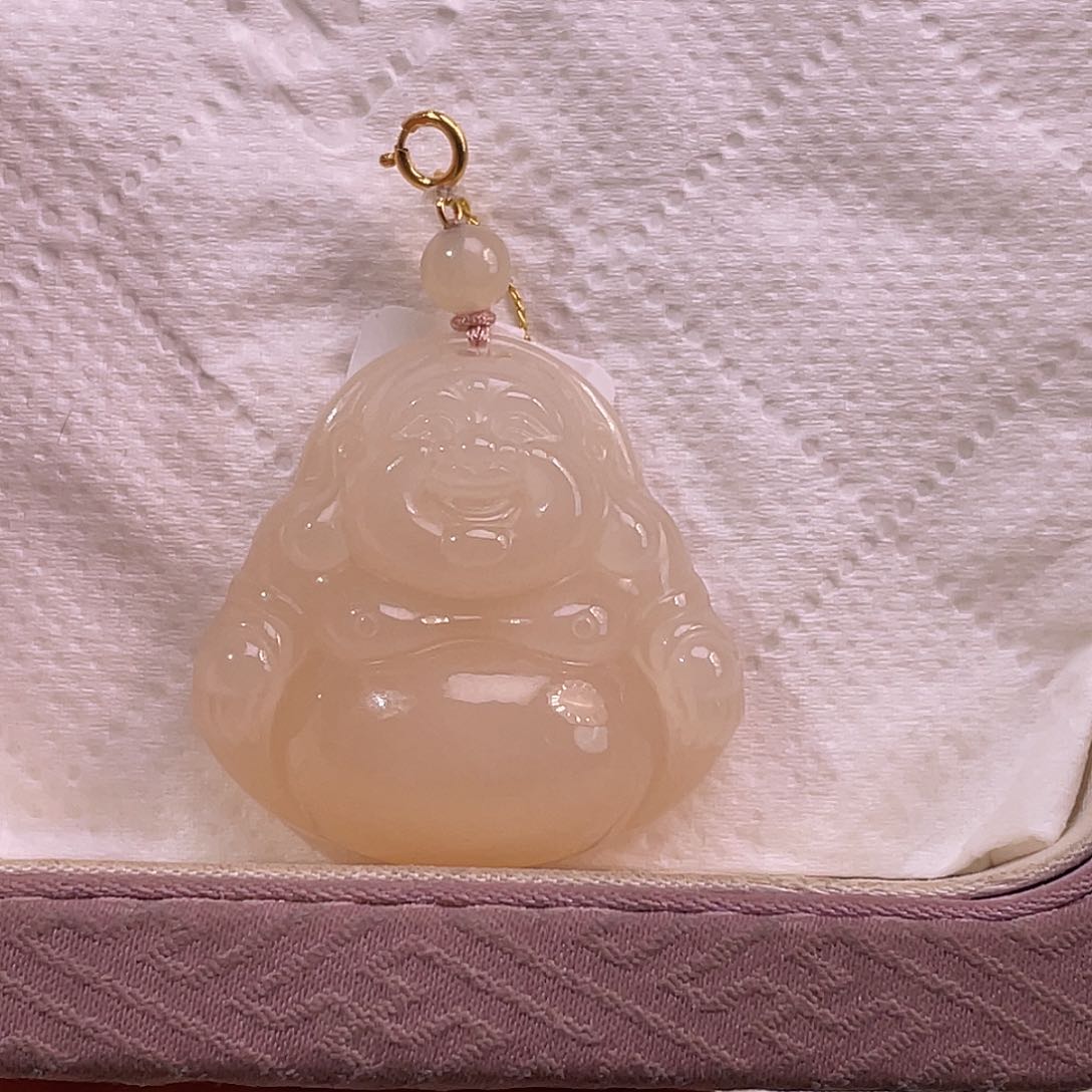 吊坠(不含链)18K金镶嵌和田玉静*藕粉浓熟粉佛公孤品30