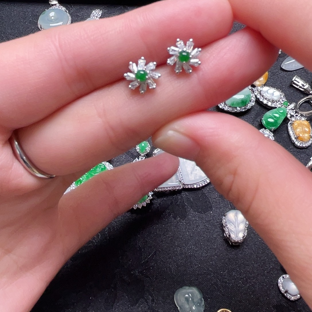 翡翠银S925镶嵌耳饰耳钉