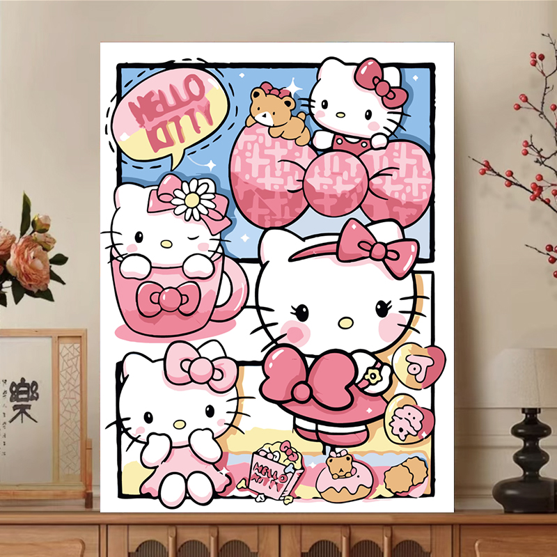 diy数字油画儿童卡通三丽鸥KT猫玉桂狗丙烯画手工填充涂油彩画