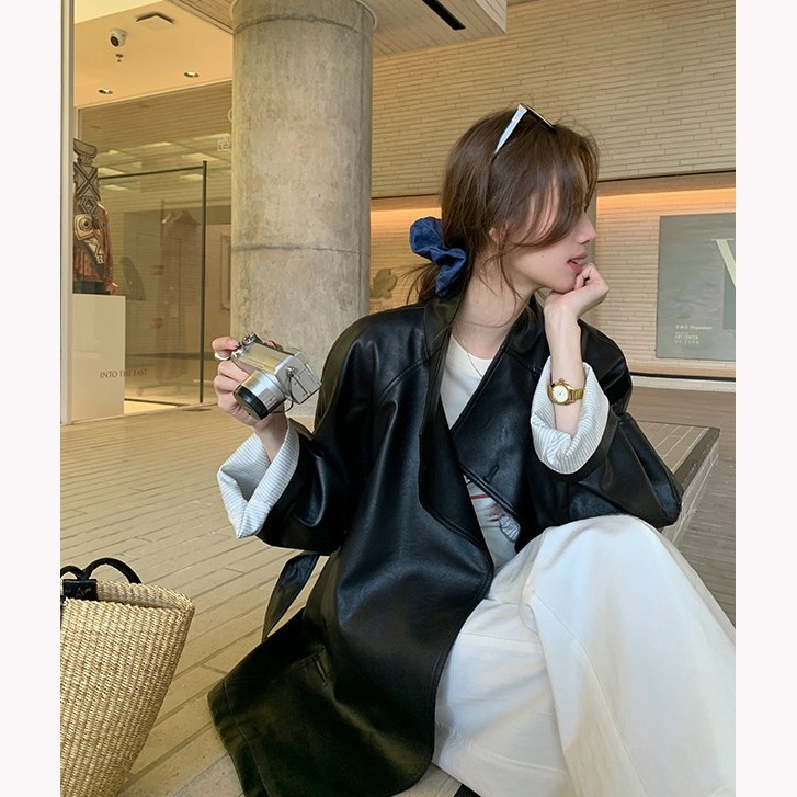 韩女氛围~设计高级感炸街复古黑色PU皮西装皮衣港风外套女
