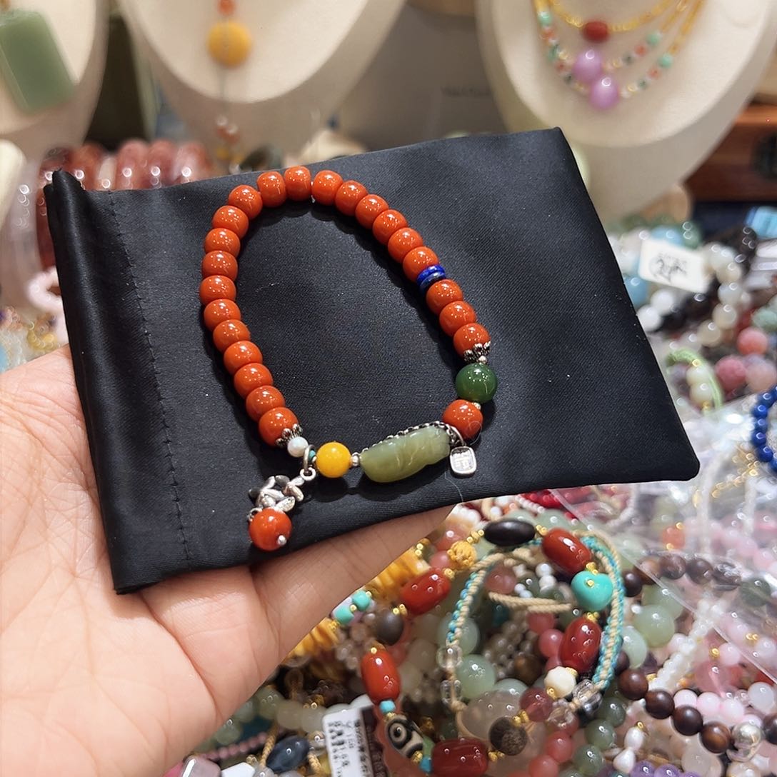 银S925镀金镶嵌手链南红玛瑙三**光