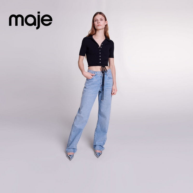 出游穿搭|Maje秋冬新款V领短款修身黑色针织上衣MFPPU00755