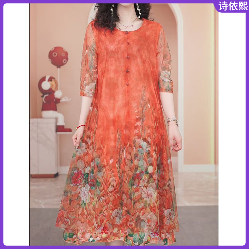 1新中式妈妈假两件碎花连衣裙大码遮肉遮胯过膝裙子2025夏新款I