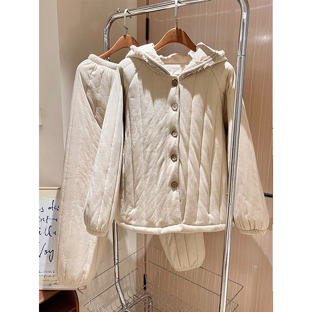 韩版三层夹棉睡衣女秋冬季加绒连帽棉服加厚外套毛茸茸家居服套装