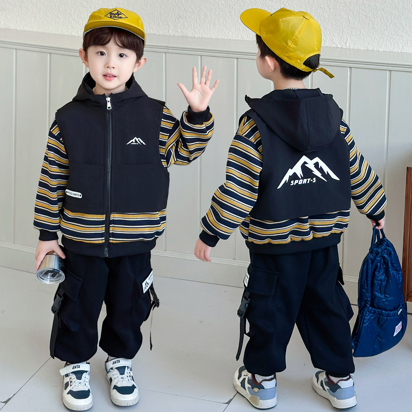 儿童外套秋季2025新款洋气条纹连帽中小童开衫时髦小孩假两件卫衣