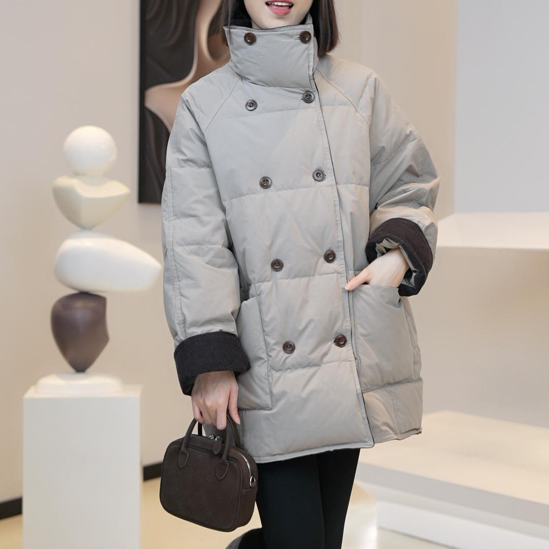 高端羽绒服正品冬季新款中长款双排扣宽松立领90白鸭绒羽绒服E672