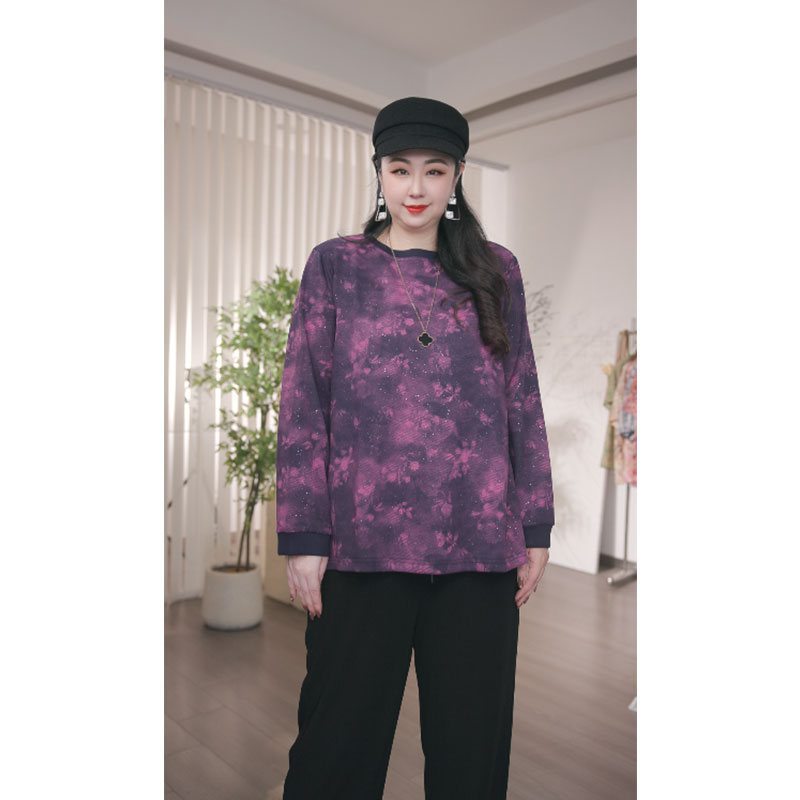 大码女装印花常规款大码T恤宽松型文艺长袖圆领女
