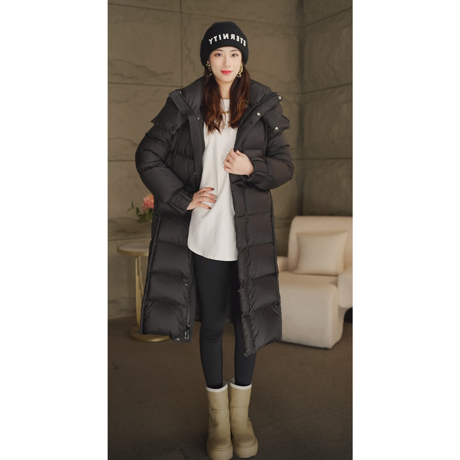 冬季新款高奢新国标90白鹅绒羽绒服女时尚显瘦中长款连帽气质外套