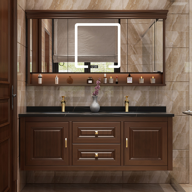 现代新中式浴室柜组合一体陶瓷盆实木智能挂墙式奢石洗脸盆卫浴柜