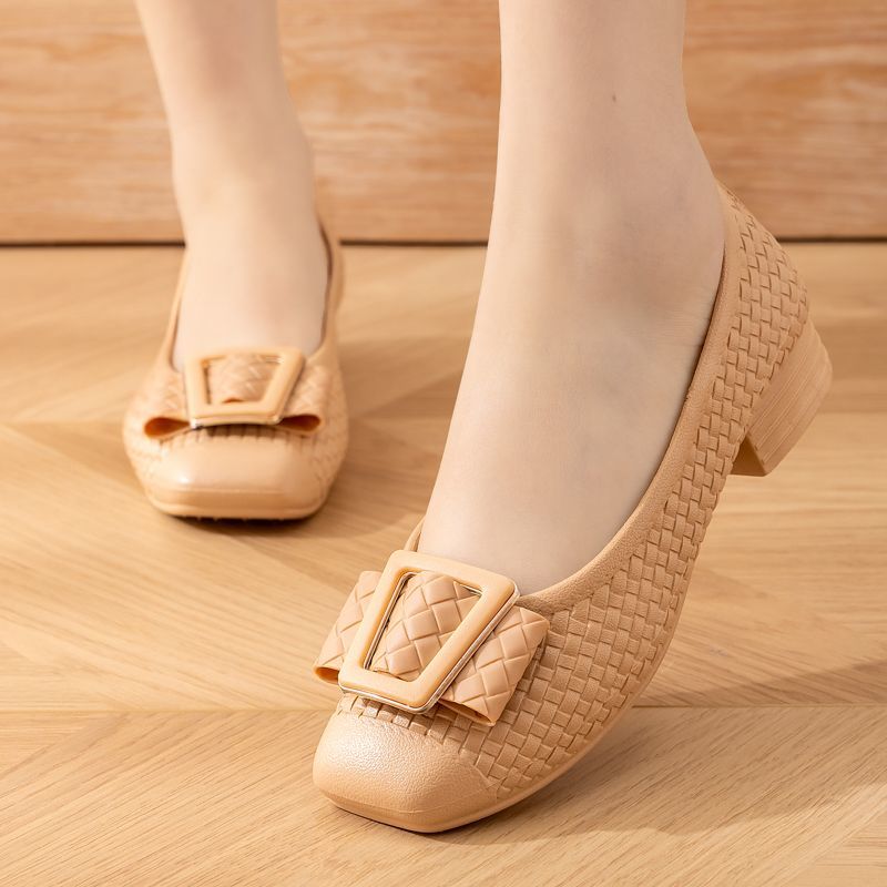 永佳通女鞋浅口工作皮鞋中跟粗跟黑色工作鞋高级方头单鞋外穿