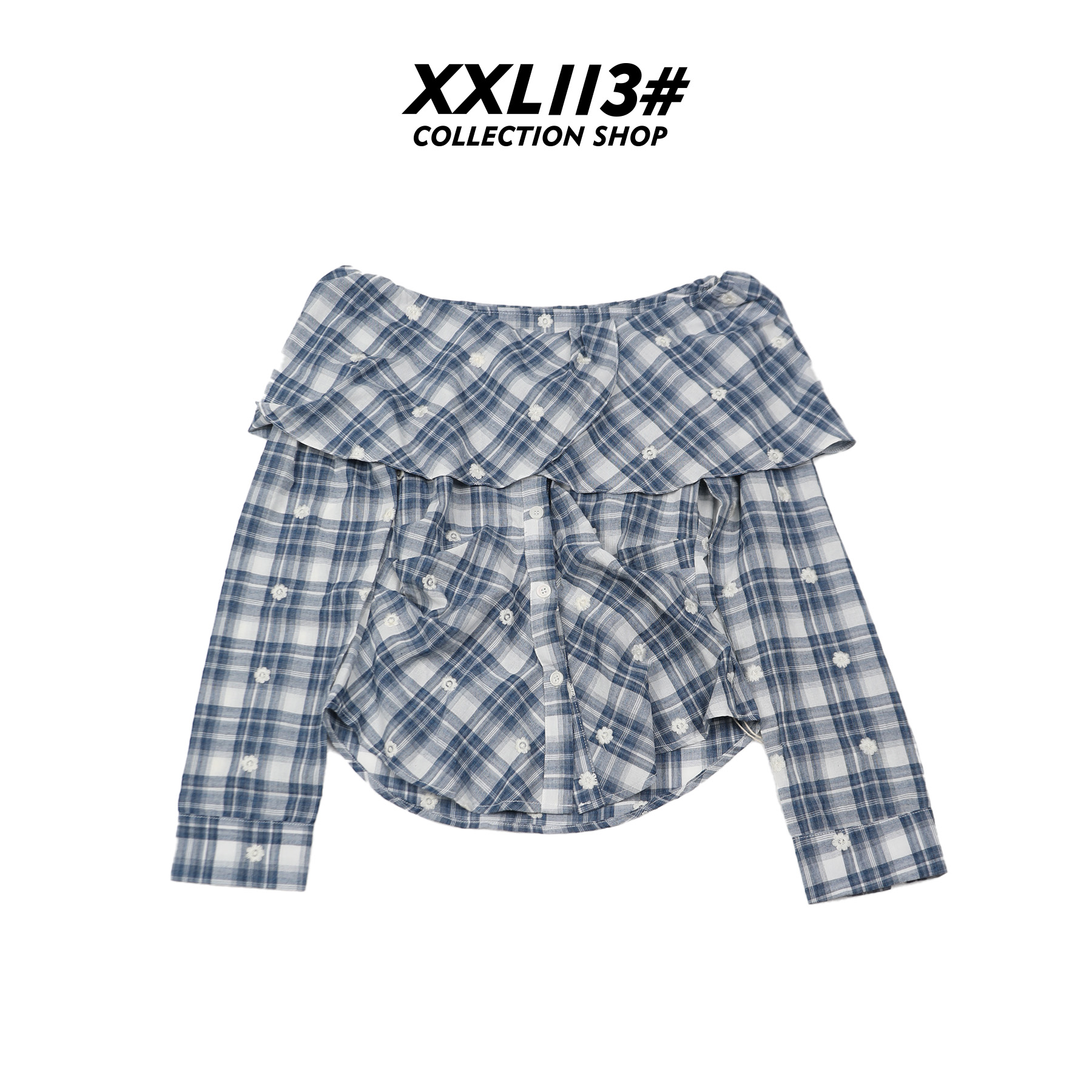113* CENTRALIZED SHOP荷叶边长袖法式条纹一字肩衬衫X5F27H6691