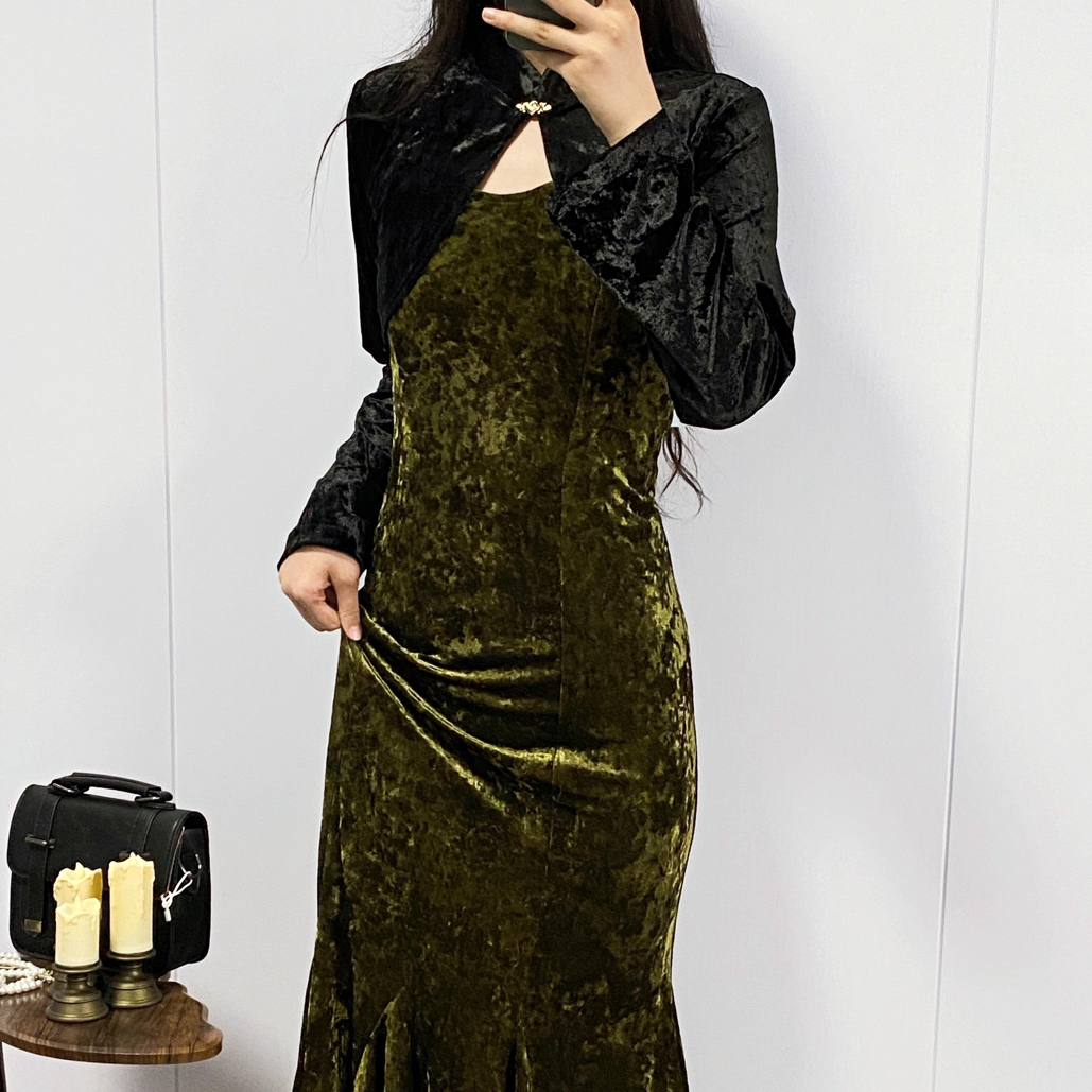 清仓有瑕 竹幽套装上衣加吊带裙 丝绒鱼尾连衣裙 上衣微扎