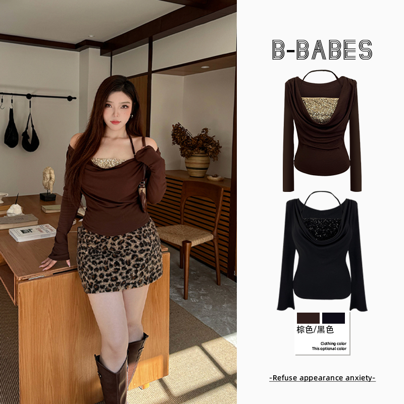 B-babes【棕金碎闪】大码设计亮片荡领收腰修身显瘦加绒假两件上衣