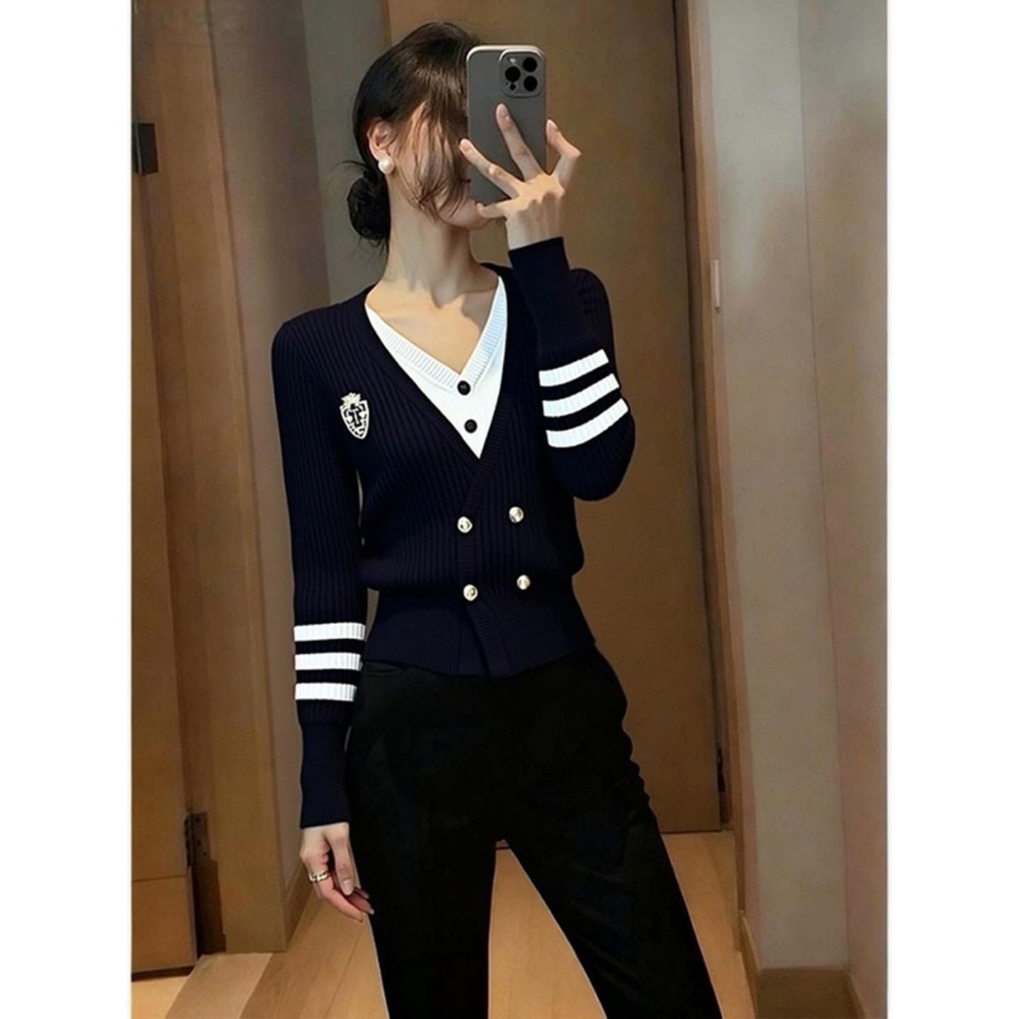 2025新款韩版宽松休闲百搭小香风长袖蓝色打底针织衫女毛衣上衣冬