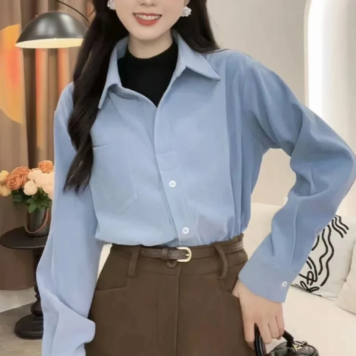 秋冬半高领拼接假两件长袖衬衫女宽松叠穿通勤衬衣772