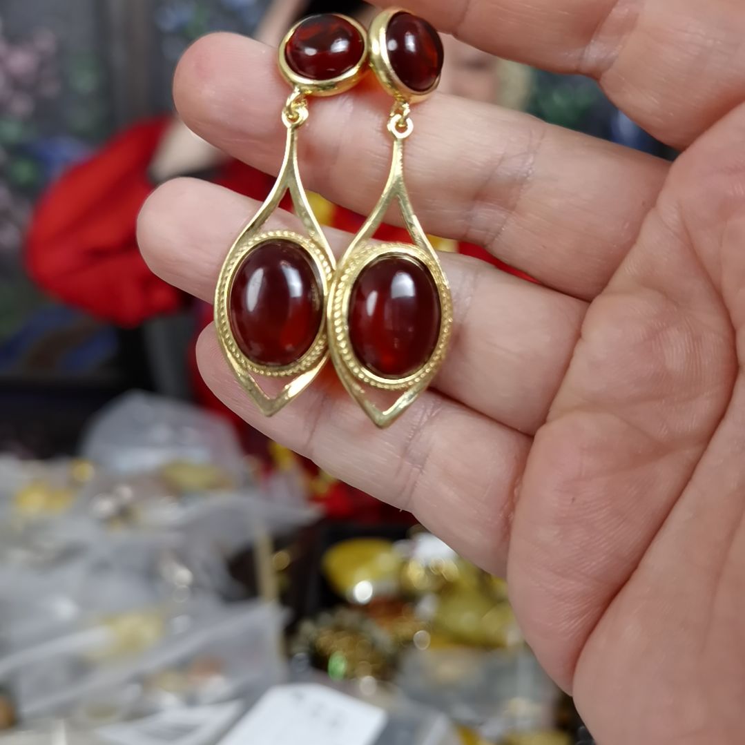 琥珀耳饰银S925镀金镶嵌