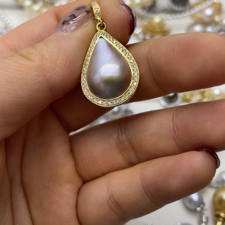 拼合珍珠（马贝珠）吊坠(不含链)银S925镶嵌