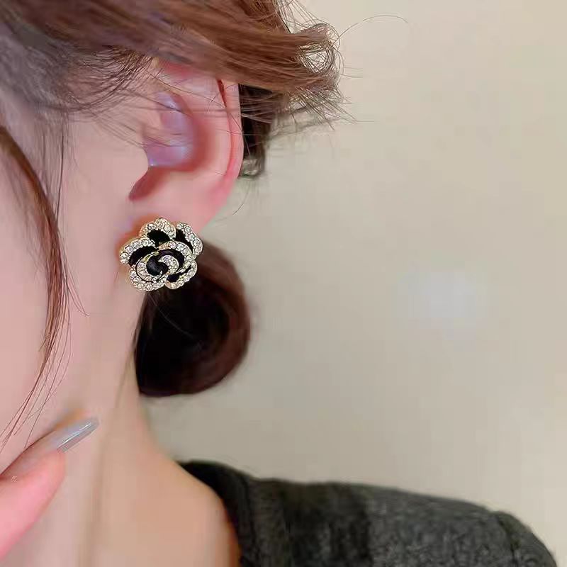 纯铜陶瓷耳饰 耳环 S925银针黑色山茶花耳钉扣名媛法式复古14号